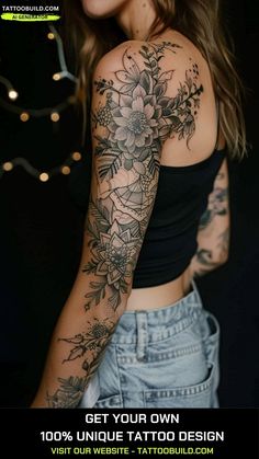 a woman's arm with flowers on it and the words get your own tattoo design