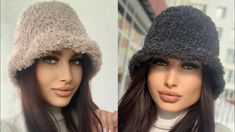 two pictures of a woman with long hair wearing a hat and posing for the camera