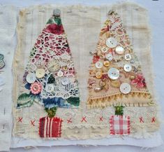 two pieces of fabric with buttons and lace on them, one has a christmas tree