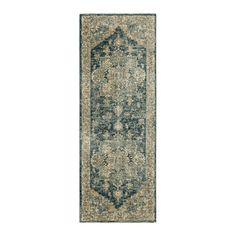 a long rug with an ornate design in blue and beige colors on a white background