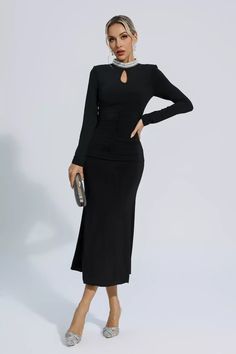 Long Sleeve Evening Midi Dress, Elegant Long Sleeve Dress For Formal Occasions, Elegant Solid Long Sleeve Formal Dress, Elegant Long Sleeve Solid Color Formal Dress, Long Sleeve Midi Dress For Evening Night Out, Long Sleeve Midi Dress For Evening Events, Elegant Long Sleeve Formal Dress, Black Long Sleeve Midi Evening Dress, Black Long Sleeve Midi Dress For Evening