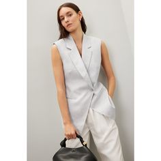 Grey linen blend (53% Linen, 47% Tencel). Sleeveless jacket. Front button closure. 28.5" from shoulder to hemline. Imported. Derek Lam 10 Crosby, Rent The Runway, Sleeveless Jacket, Closet Designs, Derek Lam, Gray Linen, Wide Leg Trousers, Linen Blend, Grey