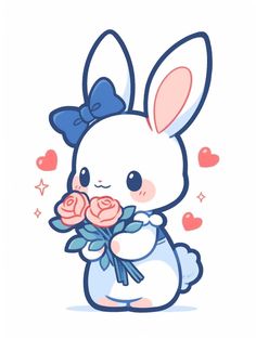 a cute bunny holding roses with hearts around it