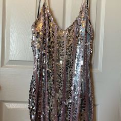 Sequin Dress, New With Tags Silver Mini Dress For Summer Prom, Silver Sequined Mini Dress For Homecoming, Metallic Sequin Dress For Spring Date Night, Silver Mini Dress For Homecoming, Silver Mini Length Dress For Homecoming, Silver Summer Homecoming Dresses, Silver Dresses For Summer Homecoming, Metallic Sequin Dress For Summer Date Night, Silver Sleeveless Mini Dress For Homecoming