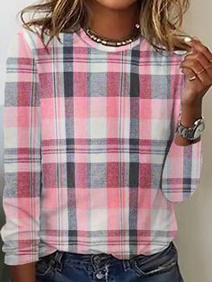 An exclusive offer for you——Affordable prices at Zolucky store, SPU: 2941QT-8U69D0, Color: Pink, Sleeve Length:Long Sleeve, Silhouette:H-Line. Cheap Casual Plaid T-shirt, Sleeve Silhouette, Jersey Long Sleeve, Fall Plaid, Casual Spring, Plaid Fashion, Neck Pattern, Winter 2024, Spring And Fall