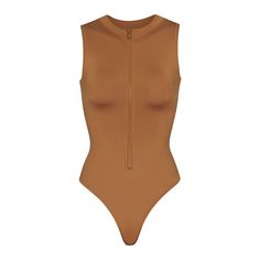 Swim Zip Front Sleeveless One Piece - Almond | SKIMS Sporty Stretch Swimwear With Zipper Closure, Sporty Sleeveless Bodysuit For Poolside, Sleeveless Stretch Swimwear With Zipper Closure, Coverage Swimsuit, Sleeveless One Piece, Sarong Skirt, Tube Skirt, One Piece Swim, Size 16 Dresses