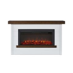 an electric fireplace with red flames on the side and dark wood top, against a white background