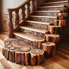 the stairs are made out of wood and have intricate carvings on them, as well as tree stumps