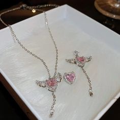 Cupid Necklace, Silver Heart Jewelry, Ethereal Jewelry, Pink Love Heart, Angel Wings Jewelry, Pretty Jewelry Necklaces, Wing Jewelry, Crystal Heart Necklace, Heart Earring