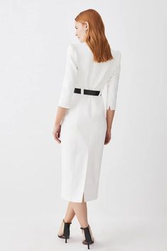 Forever Belted Midi Dress | Karen Millen Timeless Long Sleeve Formal Dress, Spring Formal Midi Dress With Structured Boning, Formal Midi Dress With 3/4 Sleeve, Classic Midi Dress With 3/4 Sleeves For Work, Elegant Half-sleeve Midi Dress For Office, White Fitted Dress With Notched Neckline, Formal Fall Midi Dress With 3/4 Sleeve, Elegant Half Sleeve Midi Dress For Office, Elegant Fall Half Sleeve Midi Dress