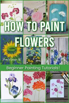 different flower painting photos with text overlay, how to paint flowers, beginner painting tutorials, pamela groppe art, free videos included How To Paint Flowers, Acrylic Flower Painting, Paint Flowers, Acrylic Painting Lessons