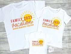 "Make your family holiday even more of a memorable occasion with a whole family matching t-shirt set!  This t-shirt set is the perfect way to celebrate your upcoming trip, to wear as the airport or as a way to document the special trip together in photographs as a beautiful keepsake.  With sizes and styles available for all the family, nobody is let out! Our sizes range from 0-3 months up to size 9-10 for children, S to XXL for men and XS to XL for women.  This design features the wording \"Family vacation\" and the year, as well as \"Making memories together\" in a sunny colour scheme.  All our t-shirts are 100% soft touch cotton, which is perfect for children's delicate skin. **SIZING** All our items start at age 0-3 months up to age 10, but larger sizes can be obtained if needed, so ple White Crew Neck T-shirt For Family Outings, Matching Custom Print T-shirt For Family Events, Custom Print Short Sleeve T-shirt For Family Outings, Family Matching Holiday T-shirt With Letter Print, White Graphic Tee For Family Events, Cotton Graphic T-shirt For Family Outings, White Graphic Tee For Family, Family Matching T-shirts For Vacation, Family Matching T-shirts For Family Vacation