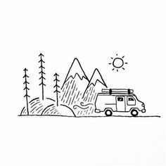 a drawing of a camper parked in front of mountains with trees and sun above it