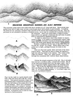 an old book page with mountains and clouds in black and white, including the title