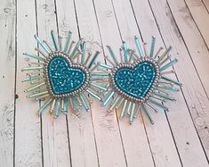 Radiant beaded heart earrings Blue shiny hearts earrings | Etsy Beaded Heart Earrings, Hearts Earrings, Beaded Things, Beaded Heart, Beaded Earrings Diy, Earrings Trendy, Earrings Heart, Evil Eye Earrings, Earrings Diy