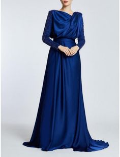 A-Line Evening Gown Black Dress Plus Size Elegant Dress Formal Sweep / Brush Train Long Sleeve Jewel Neck Satin with Pleats Sequin Plus Size Evening Gown With Sleeves Blue, Black Evening Dresses Plus Size Ever-pretty, Plus Size Elegant Dresses, Dresses Formal Elegant, Jewel Neck, Elegant Dress, New Product, Plus Size Dresses, Evening Gowns