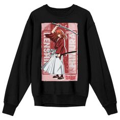 Elevate your wardrobe with this adult black Rurouni Kenshin crew neck long sleeve sweatshirt, featuring the iconic image of Himura against a vibrant pink background. The "Samurai Kenshin" in white letters, adds a stylish touch to your collection. Crafted from a blend of 50% cotton and 50% polyester, this officially licensed sweatshirt ensures both comfort and authenticity. The long sleeve design provides warmth and versatility, making it a perfect choice for any Rurouni Kenshin enthusiast. Keep Fan Apparel Sweatshirt With Screen Print, Pink Long Sleeve Band Merch Sweatshirt, Long Sleeve Anime Print Top For Fans, Anime Print Long Sleeve Top For Fans, Long Sleeve Top With Anime Print For Fans, Long Sleeve Graphic Print Sweater For Fans, Winter Sweatshirt With Front Print And Long Sleeves, Long Sleeve Winter Sweatshirt With Front Print, Winter Long Sleeve Sweatshirt With Front Print