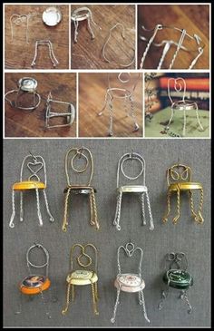 there are many miniature chairs made out of metal wire and some other things on the table