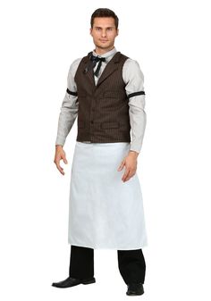 PRICES MAY VARY. Size: 3X COSTUME INCLUDES: This Men's Plus Size Bartender Costume comes with a shirt that has an attached bow tie, a vest, an apron, and a pair of armbands. FROM FUN COSTUMES: We're the costume creators you love, and our goal is to make the best Halloween costumes in the world! When you want to roleplay as a classic character of the wild west this saloon bartender costume for men will be a great choice. GREAT DESIGN: We designed this men's bartender costume to be a comfortable c Western Bartender Outfit, Old West Bartender, Wild West Bartender, Bartender Clothes, Banker Outfits, Victorian Steampunk Fashion, Dark Western, Outfits 20s, Wild West Outfits