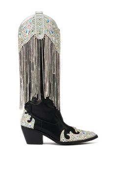 Reaching total vixen status in The AZALEA WANG Temptress Black Embellished Cowboy Boot. These party-ready faux leather boots feature a mid-calf shaft, a pointed toe silhouette, a chunky stacked block heel, a cushioned footbed, faux silver metallic hardware, a rounded shaft with a side pull tab accent, and a tonal inner ankle zipper closure. Complete with luxurious cascading rhinestone link fringe, and glittery Western-inspired embroidered paneling, detailed with iridescent gemstone embellishments.  (all measurements are approximate from size 7.5) - Faux Leather Upper - Pointed Toe - Chunky Block Heel - Mid-Calf Shaft - 2.5” Heel Height - 14.25” Shaft Height - 15.75” Top Shaft Circumference - Imported Product ID: 387035 Faux Leather Boots, Pointed Toe Boots, Chunky Block Heels, Boot Types, Long Boots, Western Boots, High Boots, Crystal Rhinestone