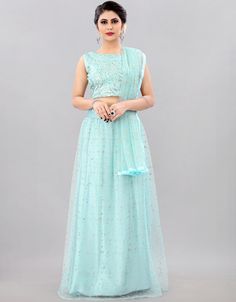 Designer Wedding Wear Heavy Net Lehenga Choli Collection Sky Blue Net Lehenga Choli Front View Sky Blue Dupatta, Blue Net Lehenga, Net Lehenga Choli, Blue Dupatta, Top Net, Net Lehenga, Net Dupatta, Designer Wedding, Day Work