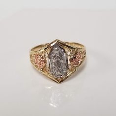 "Thanks for shopping our vintage estate store. We tend to sell well below wholesale and truly hope you enjoy all of our items. Many of the items are one of a kind, so please enjoy scrolling through the pictures and hopefully something will catch your eye. Brown spots are from the camera or reflections. Estate 10k yellow rose white gold Lady of Guadalupe Mary ring. Ring size: 7 Setting: 1/2\" Band width: 2mm Weight: 1.95 grams Sweet ring and one of a kind. Just beautiful. Marked 10k." Xv Jewelry, Mother Mary Praying, Mary Praying, Xoxo Jewelry, Dope Jewelry Accessories, Antique Style Rings, Pretty Jewelry Necklaces, Sweet Ring, Wrist Jewelry