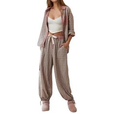 PRICES MAY VARY. Material: Women striped pajamas set made by polyester blend fabric. Soft, breathable, lightweight, skin friendly, stretchy, comfy to wear. Plaid print pajamas set for women, 2 piece sleepwear nightwear, long sleeve button down pjs set. Design: Long sleeve button down shirt, long sleeve top with pants, baggy loose fit, cute plaid pjs, striped pajamas set. Lapel v neck pajamas shirts, turn down collared, stripes print pjs set, relaxed fit blouse, checkered print tops, curved hem, Plaid Shirt Outfits, Stylish Pajamas, Patchwork Shirt, Mode Design, Contemporary Chic, Turndown Collar, Sleepwear & Loungewear, Elastic Waist Pants, Pajama Set Women