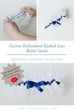 Where to find custom designer wedding garter. Something blue bridal garter accessory. Eyelash lace and royal blue ribbon wedding garter. Personalized gift for bride. Shop The Garter Girl's handmade wedding garters, bridal accessories, wedding heirlooms, bridal garters, garters, ring bearer pillows, wedding day emergency kits, handkerchiefs & sentimental wedding heirlooms with gift box & keepsake bag. Brides, mothers & bridesmaids love our free wedding planning advice & ideas on the blog!