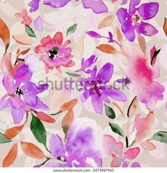 watercolor flowers and leaves on a beige background - stock photo, pattern or wallpaper