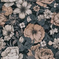 a floral wallpaper with many different flowers and leaves on black background, in shades of brown