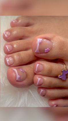 Coquette Toe Nails, Baby Pink French Tip Toes, French Toes With Design, French Tip Toes With Flower, Pink Toe Nails With Design, French Tip Toes With Design, Toe Designs Pedicure, Pink French Tip Toes, Cute Pedicure Ideas