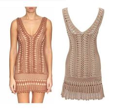 two dresses with crochet on them, one in brown and the other in beige