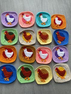 several crocheted plates with chickens on them