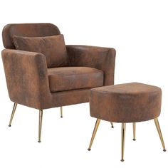 a brown leather chair and ottoman with gold legs