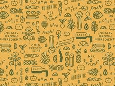 a yellow and green background with many different types of food related items, including carrots,