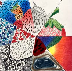 a drawing of strawberries and other fruits