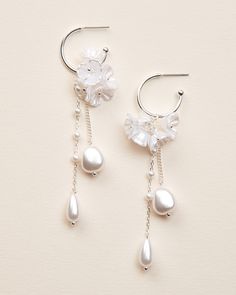 Morena Dangle Earrings - Shop Bridal Jewelry | Dareth Colburn Delicate Dangle Flower Earrings, White Sterling Silver Dangle Flower Earrings, Feminine Silver Dangle Flower Earrings, Silver Dangle Flower Earrings, Silver Flower Dangle Earrings With Beads, Dangle Earrings Outfit, Earrings Outfit, Micro Crochet, Gold Bridal Earrings