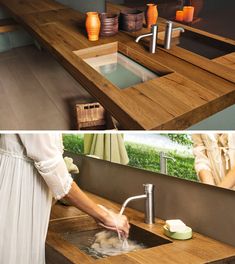 two pictures of a woman washing her hands in the sink and on the counter top