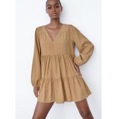 Zara Tiered Mini Dress Details: V-Neck Dress With Long Sleeves And Elastic Cuffs Color: Light Camel Outer Shell: 93% Viscose,7% Polyester Approx. Measurements Laying Flat: 21.5"(Armpit To Armpit) 22.5"(Waist) 30.5"(Shoulder To Hem) Brand New With Tag Flowy V-neck Mini Dress For Fall, V-neck Mini Dress For Fall Brunch, Zara V-neck Midi Dress With Ruffles, Beige V-neck Mini Dress For Brunch, Zara V-neck Midi Dress For Brunch, Zara V-neck Midi Dress For Day Out, Zara V-neck Dresses For Fall, Zara V-neck Dress For Day Out, Beige V-neck Mini Dress For Date Night