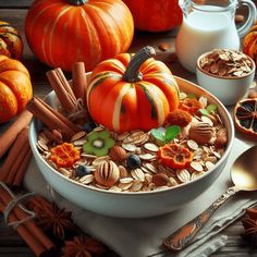 a bowl filled with granola, nuts and pumpkins