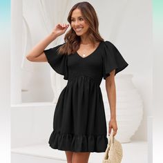 High-Quality & Ultra-Soft Fabric: Made From High-Quality Fabric With 100% Polyester, This Flowy Dress Can Provide You Cool & Fresh Wearing Experience, And Keep You Away From The Summer Hot Temperature. These Women's Casual Dresses Have A Soft Lining Layer, Which Is Light Enough To Be Flowy But Not See-Through. Black V-neck Dress With Smocked Back, Black V-neck Dress With Smocked Bodice, Black V-neck Dresses With Smocked Back, Black Flutter Sleeve Dress For Vacation, Black Flutter Sleeve Beach Dress, Casual Black Billowy Dress, Casual Billowy Black Dress, Casual Pleated Dresses With Flutter Sleeves, Billowy Black Dress With Ruffles