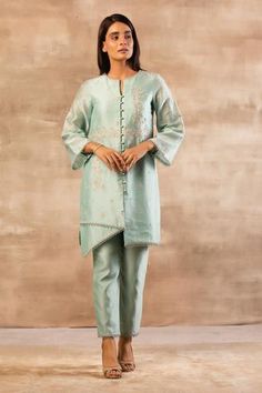 Shop for Sana Barreja Blue Chanderi Silk Kurta Set for Women Online at Aza Fashions Blue Jacket Style, Short Kurti Designs, Silk Kurta Set, Diwali Outfits, Kurta Set For Women, Short Kurti, Elegant Jacket, Kurti Design, Festive Collection