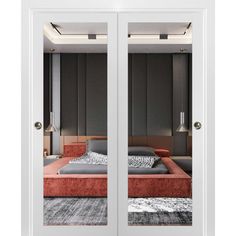 an image of a bedroom through the glass doors to another room with a bed in it