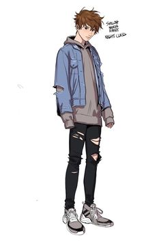 a drawing of a boy in ripped jeans and a hoodie with his hands on his hips