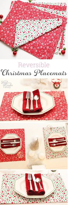 christmas placemats with red and green napkins, silverware and forks on them