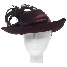 40s Brown Wide Brimmed Fashion Hat. 22" circumference. Luxury Brown Cloche Hat With Curved Brim, Vintage Fitted Felt Hat For Fall, Vintage Fitted Hat Bands For Fall, Vintage Top Hat With Short Brim For Fall, Vintage Fitted Fedora For Fall, Fitted Vintage Fedora For Fall, Vintage Short Brim Top Hat For Fall, Retro Fitted Fedora With Curved Brim, Retro Fedora With Curved Brim