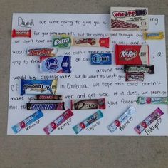 a piece of paper that has candy on it and some words written in front of it