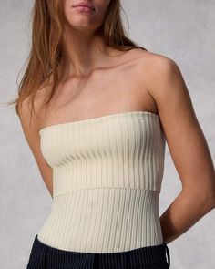 The Kaela. The tube top makes a comeback. This strapless style skims the body in rib knit blended viscose. Ivory L Knit Tube Top, Prep Style, Slim Fit Shirt, Textured Knit, Winter Dresses, Tube Top, Rag & Bone, Athleisure, Sweater Top