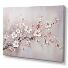 an abstract painting with white and pink flowers on a gray background canvas wall art print