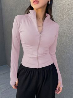 Women's Solid Color Stand Collar Long Sleeve Casual Spring Autumn Jacket Baby Pink Casual  Long Sleeve Knitted Fabric Plain  Medium Stretch  Women Clothing, size features are:Bust: ,Length: ,Sleeve Length: Fitted Long Sleeve Fall Outerwear, Casual Stretch Outerwear With Long Sleeves, Casual Fitted Long Sleeve Cardigan, Fitted Long Sleeve Cardigan For Fall, Fitted Long Sleeve Winter Cardigan, High Stretch Long Sleeve Sweater, Long Sleeve Stretch Cardigan For Fall, Fitted Long Sleeve Solid Cardigan, Fitted Long Sleeve Cardigan